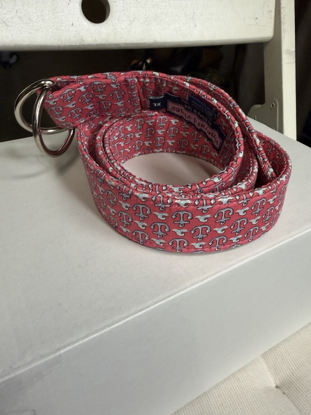 Vineyard Vines Belt Men’s XL Pink Anchor Whale D-Ring Cotton Nautical Preppy